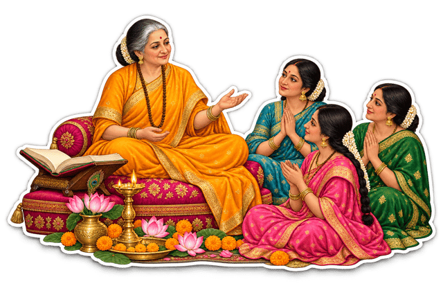 A woman teacher seated with women in prayer, in colourful Indian folk art.