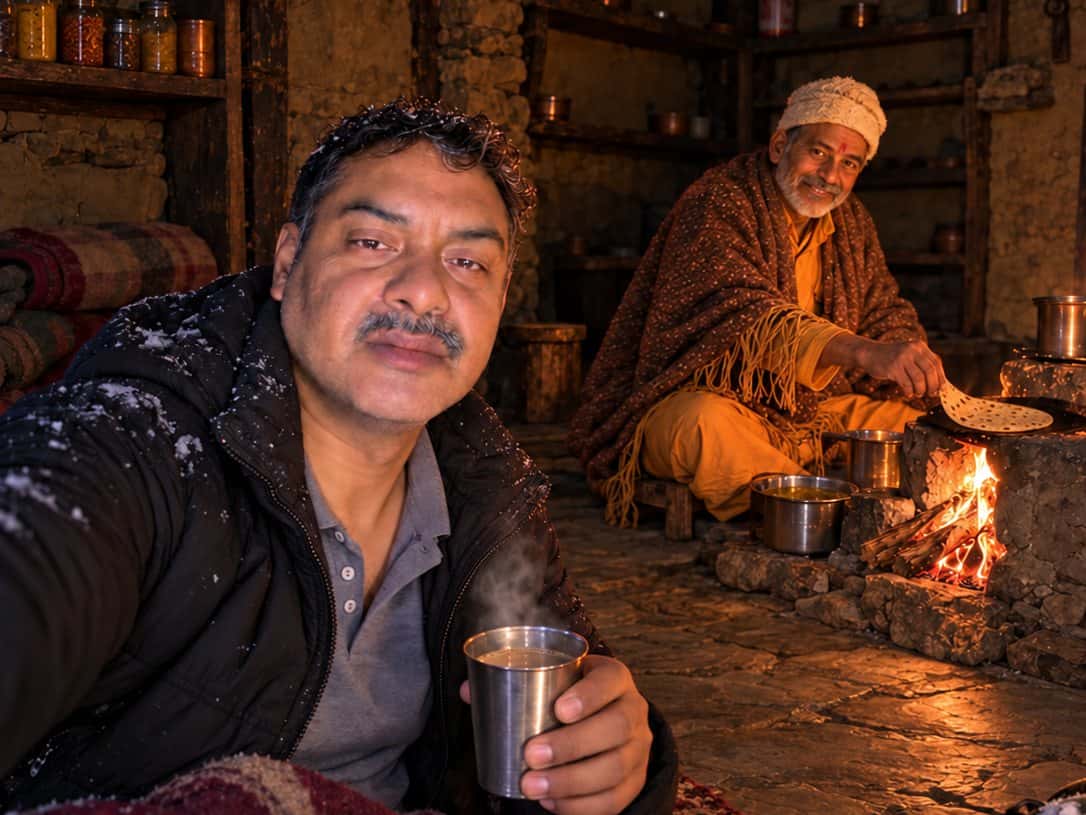 Our co-founder, dusted with snow, holding a steel glass of hot ginger tea under a woollen blanket, while the smiling pujari makes rotis over the fire in the stone temple behind him.