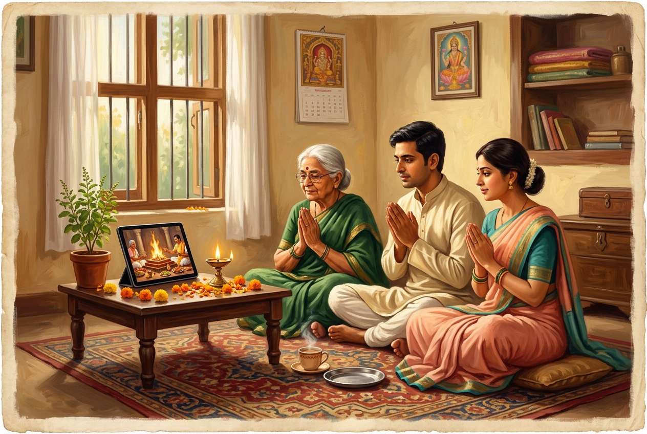 A family sitting together at home in the morning, watching a havan on a tablet with a diya lit beside it.