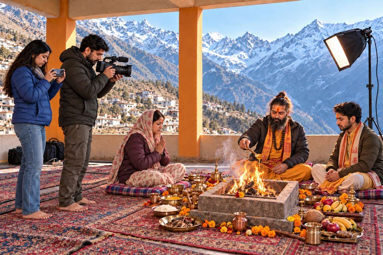 The Aum Fe crew filming a havan at a Himalayan temple, a family praying beside the pujari with snow peaks behind.