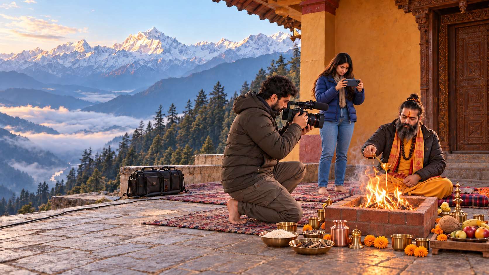 Our crew filming a havan at a Himalayan temple at dawn, the pujari offering ghee into the fire with snow peaks behind.