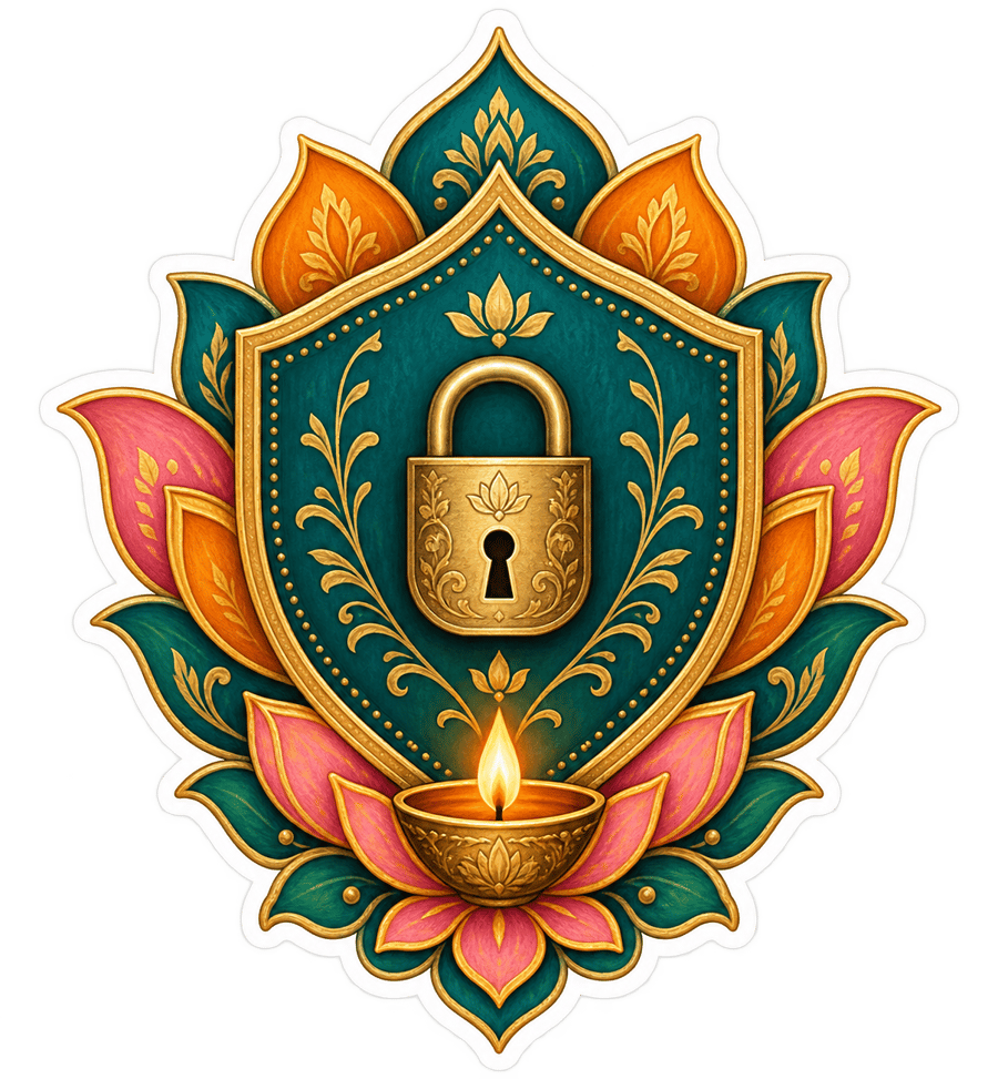 A teal lotus-shaped shield with a golden padlock and a diya — privacy.