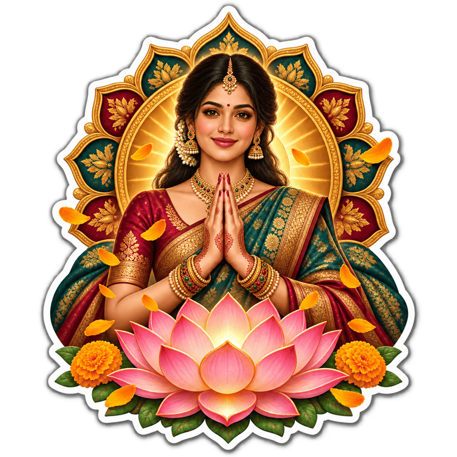 A smiling woman in a saree with folded hands in namaste, a pink lotus in front of her — we are here to help.