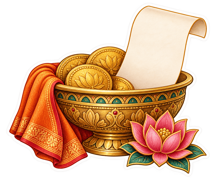 A brass bowl of coins with a scroll and a lotus — refunds.