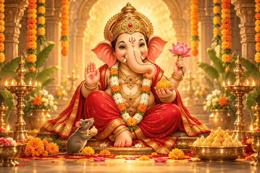 Joyful Lord Ganesha in red and gold, holding a modak and lotus, little mouse at his feet, marigold garlands, warm festive light.