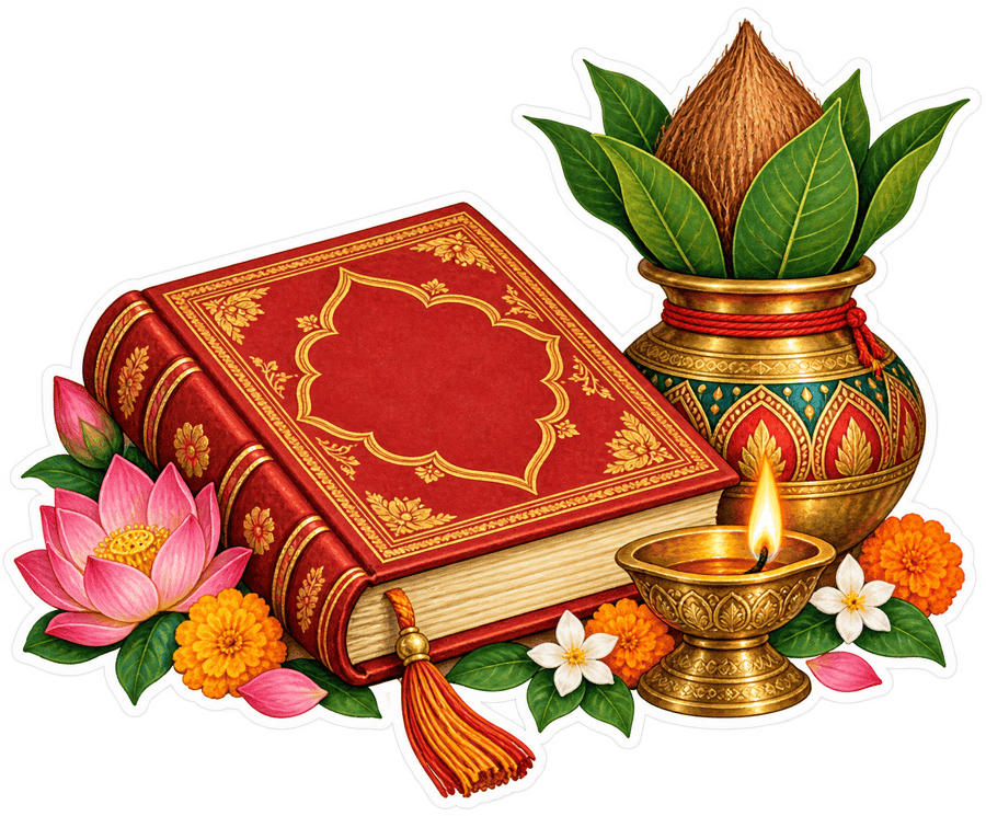 A red bound book beside a kalash with mango leaves and a diya — terms of service.