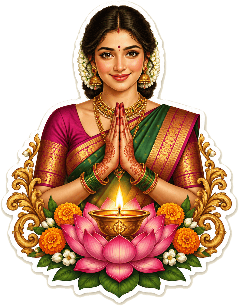 A smiling woman in a silk saree welcoming you with joined hands, a lit diya on a lotus below.