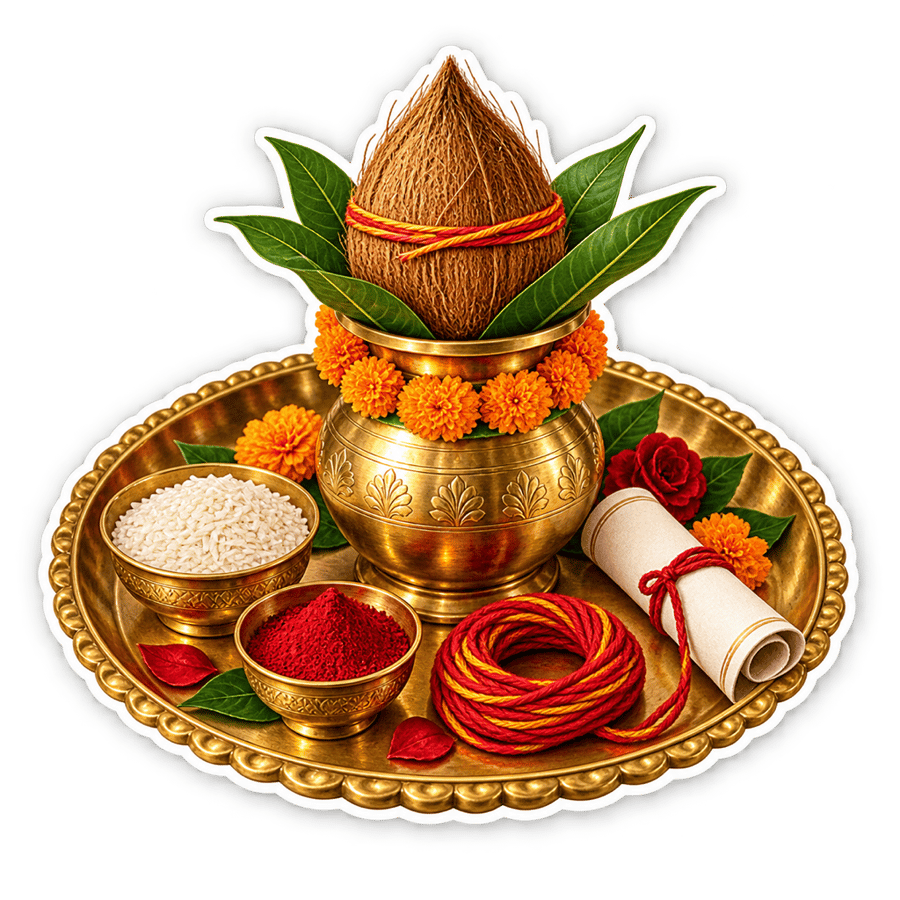 A brass puja thali with a kalash, coconut, kumkum and a sankalp scroll — the disclaimer page.